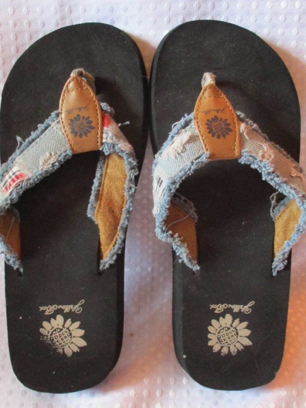 Yellow Box Frayed Denim and Plaid Fabric Straps Flip-Flops Sz. 6.5